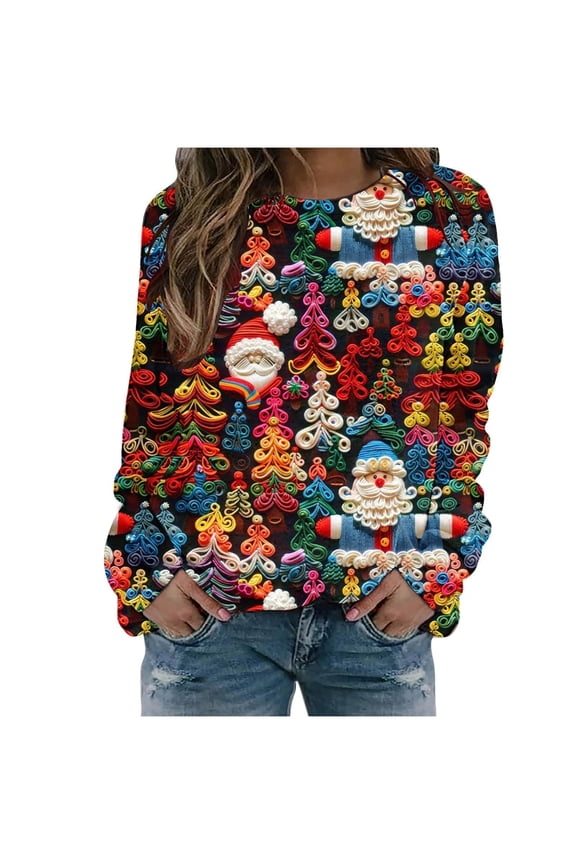 Womens Plus Size Christmas Sweatshirts Trendy Xmas Long Sleeve 3D Printed No Hood Pullovers Causal Loose Fit Crew Neck Graphic Tops Shirts Purple XL