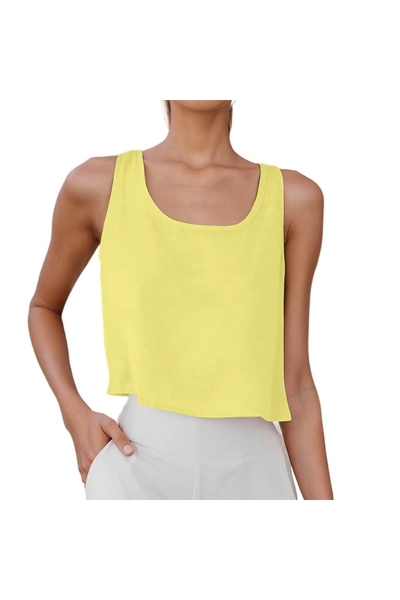 Womens Plus Size Cropped Tank Tops Loose Fit Sleeveless Linen Cami Tops Causal Crew Neck Back Button down Summer Tops Yellow XXL