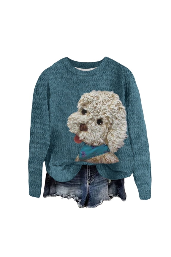 Womens Plus Size Graphic Sweatshirts Trendy Cute Dog Printed Crew Neck Pullovers Causal Long Sleeve Loose Fit Tops Shirts Light Blue S