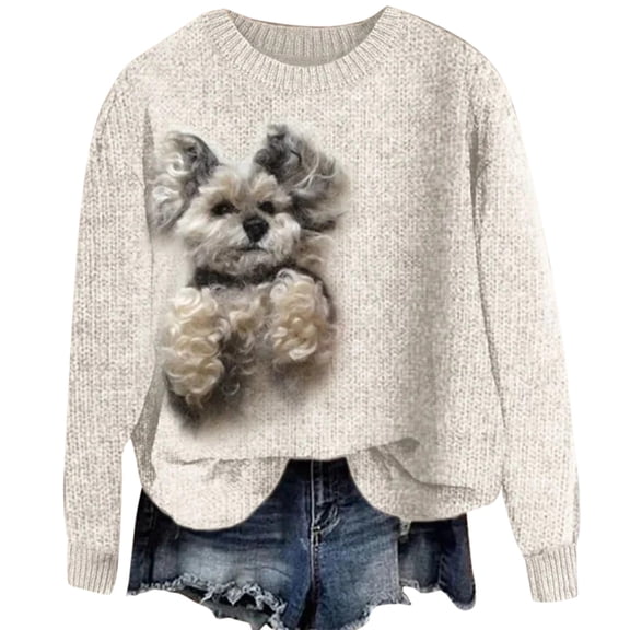 Wang6 Womens Plus Size Graphic Sweatshirts Trendy Cute Dog Printed Crew Neck Pullovers Causal Long Sleeve Loose Fit Tops Shirts X_Beige L