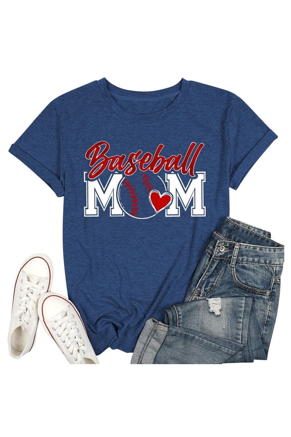 Womens Plus Size Graphic T-Shirts Summer Loose Fit Short Sleeve Tops Trendy Baseball Mom Letter Printed Tee Shirts 0522liNavy XXL