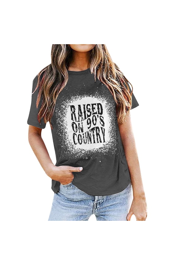 Womens Plus Size Graphic T Shirts Trendy Summer Short Sleeve Loose Fit Tops Ladies Causal Raised on 90's Country Letter Printed Tees Shirts 0624liBlack L