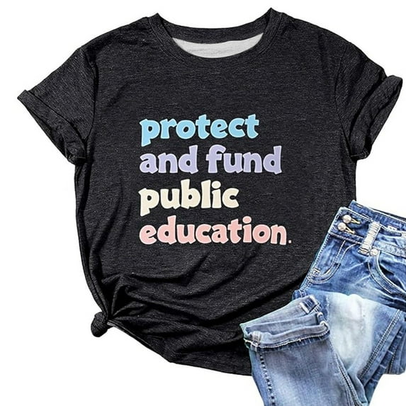 Wang6 Womens Plus Size Graphic Tees Casual Short Sleeve Tshirts Protect and Fund Public Education Letter Printed Loose Fit Tops X_Black M