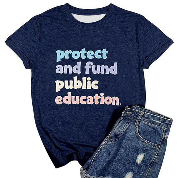 Wang6 Womens Plus Size Graphic Tees Casual Short Sleeve Tshirts Protect and Fund Public Education Letter Printed Loose Fit Tops X_Navy XXL