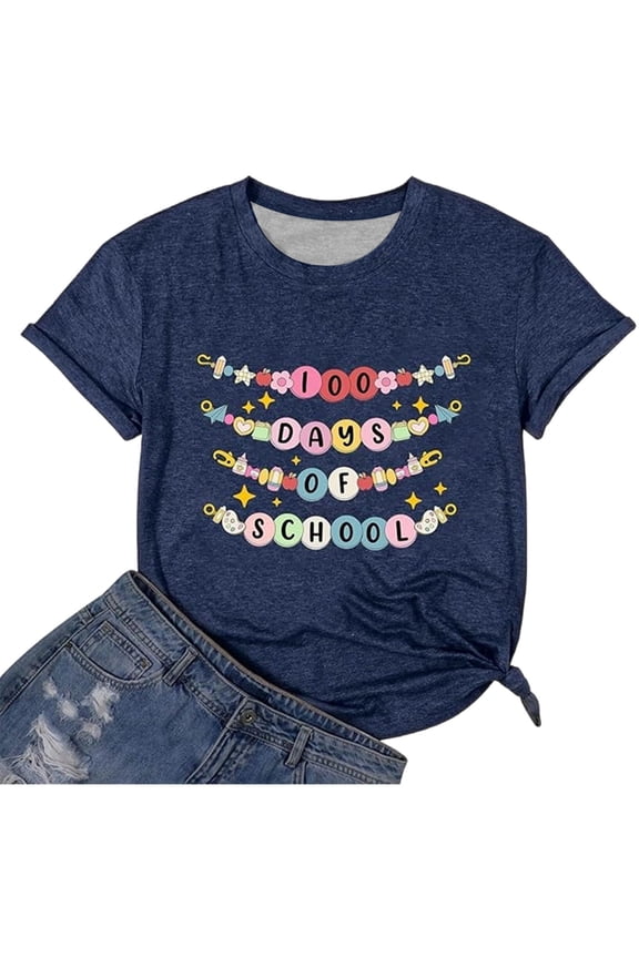 Womens Plus Size Graphic Tshirts Shirts Summer Short Sleeve Going out Tops Causal Happy 100 Days Letter Printed Tees Crew Neck Loose Fit T-Shirts Dark Blue S