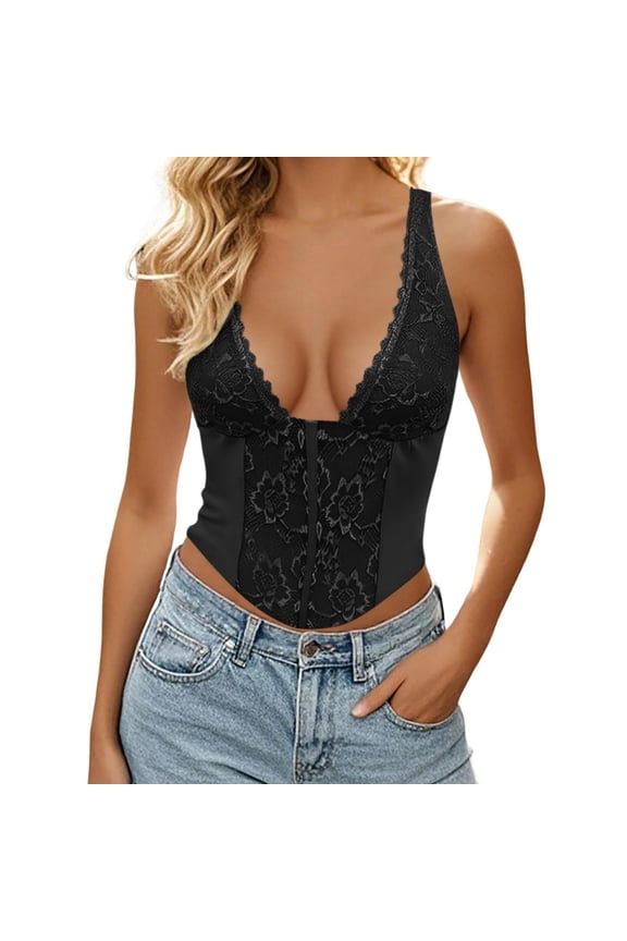 Womens Plus Size Halter Tank Tops Cropped Sleeveless Slim Fit T Deep V Neck Shirts Summer Lace Corset Going out Tops Black L