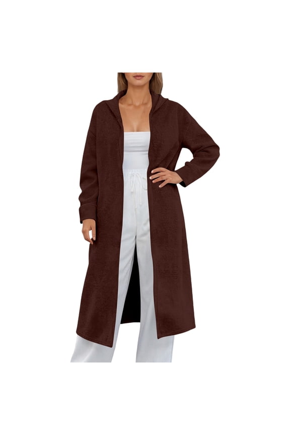 Womens Plus Size Hooded Cardigan Black Long Sleeve Long Knit Coat Jacket Lightweight Hoodies Loose Fit Fall Long Outwear Tops Brown S