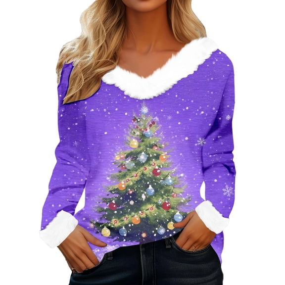 Wang6 Womens Plus Size Long Sleeve Christmas T-Shirts Trendy Christmas Tree Printed Graphic Tees Xmas Holiday Faux Fleece Collar V Neck Shirt Tops Purple XL