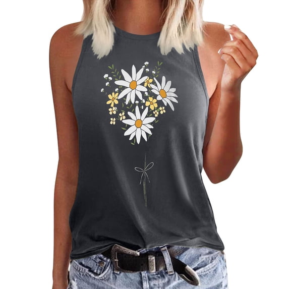 Wang6 Womens Plus Size Loose Fit Tank Tops Causal Sleeveless Floral Printed Tops Summer Crew Neck Graphic Tshirts Grey1 XXL