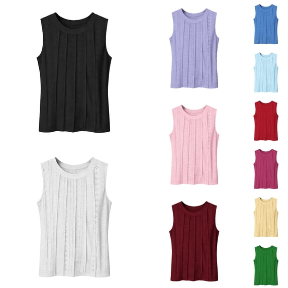 Wang6 Womens Plus Size Loose Tank Tops Causal Sleeveless Pleated T Shirts Summer Solid Hollow out Tops Crew Neck Tunic Tees Light Purple M