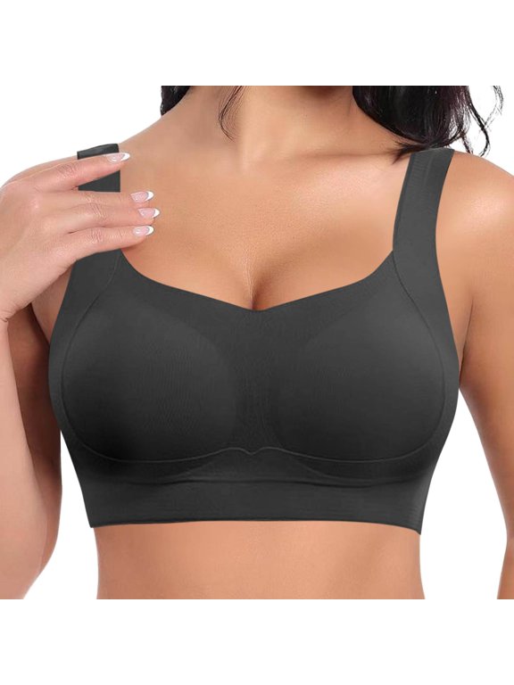 Womens Plus Size Seamless Wireless Minimizer Bras Push up Padded Workout Bras Full Coverage Large Bust Bra Square Neck T Shirt Bralettes Black XXL