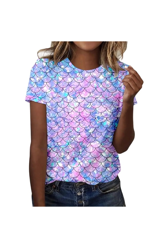 Womens Plus Size Short Sleeve Graphic Tees Causal Sparkle Fish-Scale Printed Tshirts Summer Loose Fit Crew Neck Tops Shirts Light Purple L