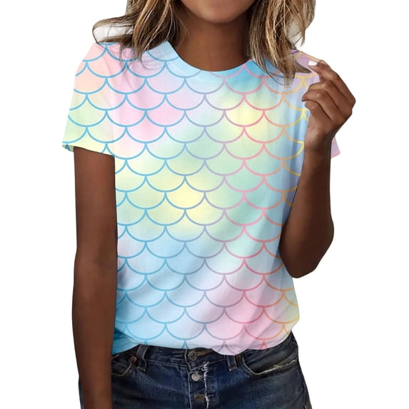 Wang6 Womens Plus Size Short Sleeve Graphic Tees Causal Sparkle Fish-Scale Printed Tshirts Summer Loose Fit Crew Neck Tops Shirts Multicolour L