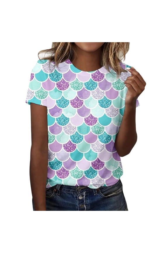 Womens Plus Size Short Sleeve Graphic Tees Causal Sparkle Fish-Scale Printed Tshirts Summer Loose Fit Crew Neck Tops Shirts Multicolour1 S