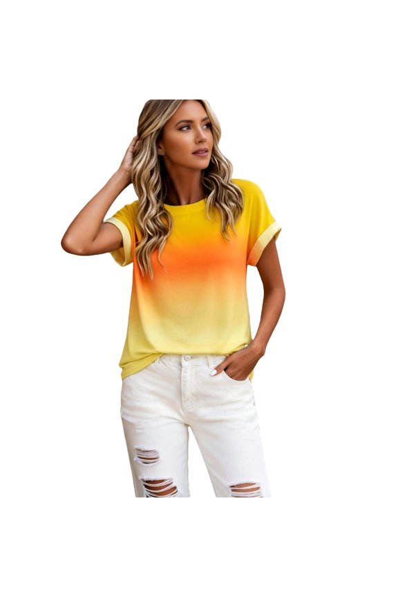 Womens Plus Size Short Sleeve T Shirts Causal Loose Fit Gradient Printed Summer Tops Trendy Crew Neck Tees Shirts Yellow XXL