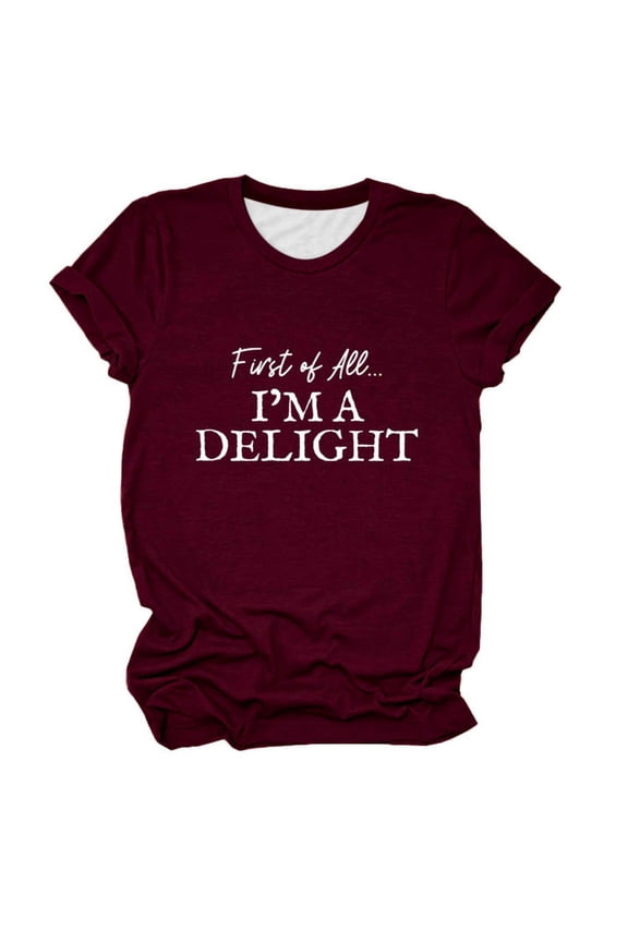 Womens Plus Size Short Sleeve T-Shirts Summer First of All I'm a Delight Letter Printed Tops Causal Trendy Loose Fit Going out Tees Shirts 0520liWine XXL