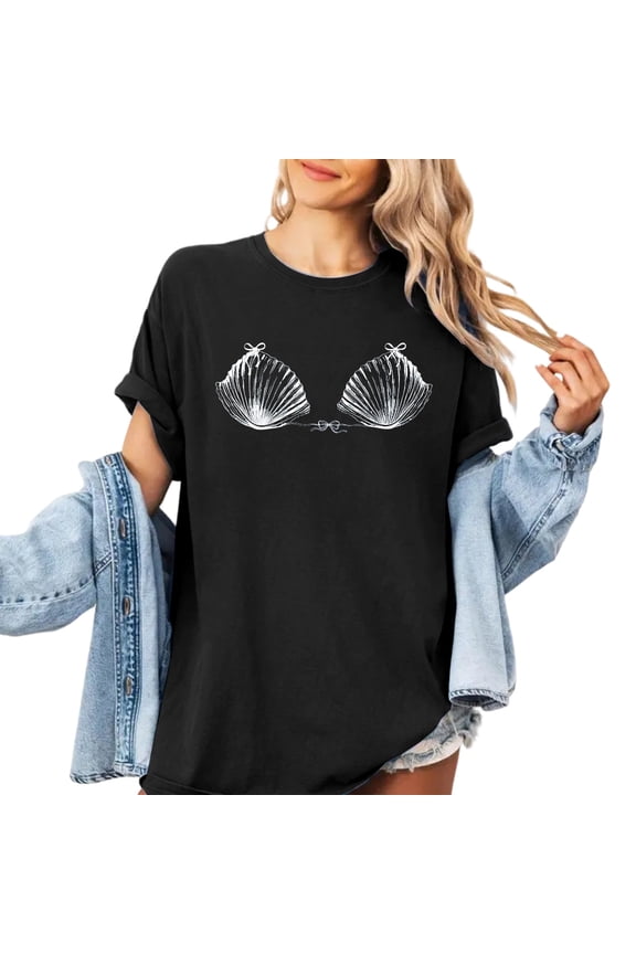 Womens Plus Size Short Sleeve Tshirts Casual Seashell Printed Graphic Tees Summer Crew Neck Loose Fit Tops Black XXL