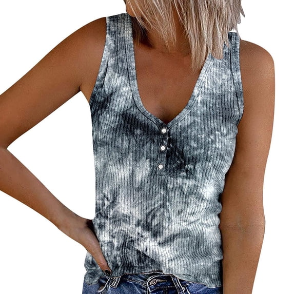 Wang6 Womens Plus Size Tank Tops Summer Ribbed Button up Sleeveless Shirts Causal Slim Fit Tie Dye Tunic T Shirts Tees Grey XL
