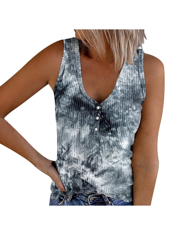 Womens Plus Size Tank Tops Summer Ribbed Button up Sleeveless Shirts Causal Slim Fit Tie Dye Tunic T Shirts Tees Grey XXL