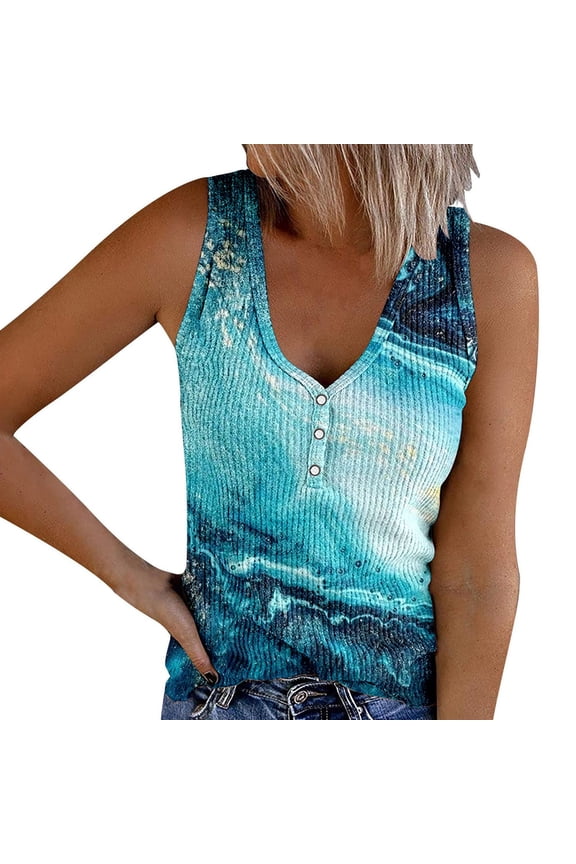Womens Plus Size Tank Tops Summer Ribbed Button up Sleeveless Shirts Causal Slim Fit Tie Dye Tunic T Shirts Tees Sky Blue XL
