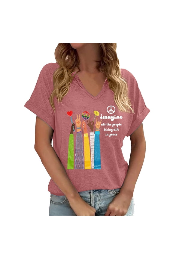 Womens Plus Size V Neck Tshirts Casual Short Sleeve Imagine All the People Living Life in Peace Letter Printed Graphic Tees Summer Loose Fit Tops Pink XXXL
