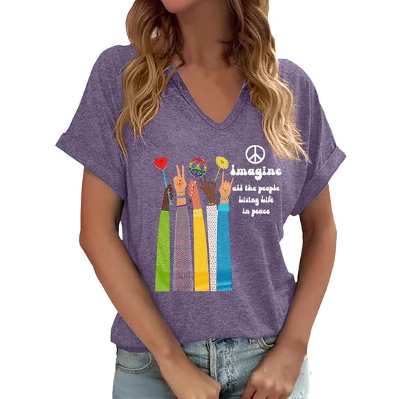 Wang6 Womens Plus Size V Neck Tshirts Casual Short Sleeve Imagine All the People Living Life in Peace Letter Printed Graphic Tees Summer Loose Fit Tops X_Purple M