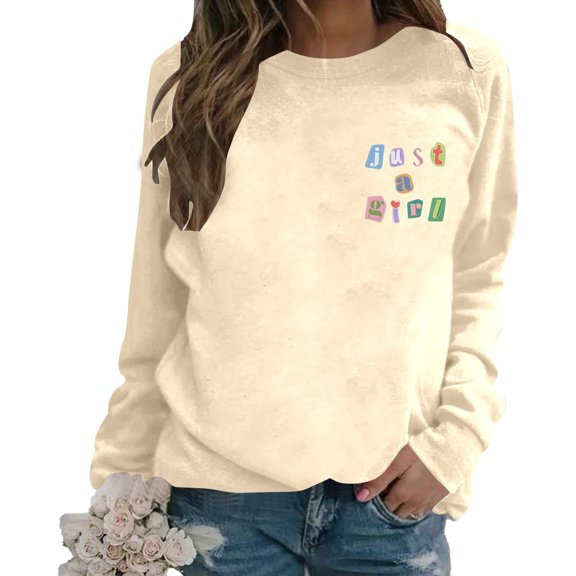 Wang6 Womens Plus Size White Sweatshirts Trendy Long Sleeve Hoodless Pullovers Crew Neck Letter Printed Graphic Tshirts Teen Girls Loose Fit Tops Beige S