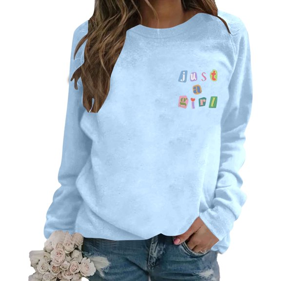 Wang6 Womens Plus Size White Sweatshirts Trendy Long Sleeve Hoodless Pullovers Crew Neck Letter Printed Graphic Tshirts Teen Girls Loose Fit Tops Sky Blue XXL