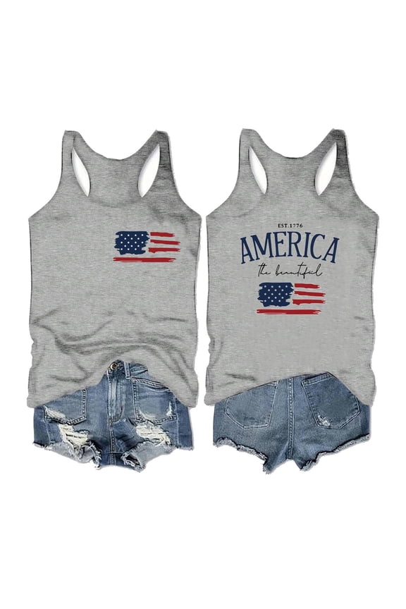 Womens Plus Size Workout Camisole Trendy American the Beautiful Letter Printed Tank Tops Loose Fit Racerback Loose Fit Tops Graphic Tees Grey XXL