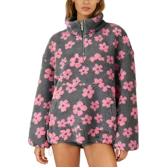 Wang6 Womens Quarter Zip up Pullovers Long Sleeve Warm Sweatshirts Crew Neck Floral Printed Sherpa Jacket Trendy Loose Fit Graphic Tops Pink M
