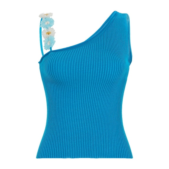 Wang6 Womens Ribbed Tank Tops Summer One Shoulders Sleeveless Shirts Causal Slim Fit One Strap T Shirts Tees 0702Blue One Size