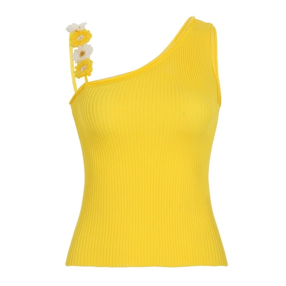 Wang6 Womens Ribbed Tank Tops Summer One Shoulders Sleeveless Shirts Causal Slim Fit One Strap T Shirts Tees Yellow One Size