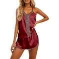 thumbnail image 1 of Wang6 Womens Satin Silk Cami Pajama Sets 2 Piece Pjs Set Soft Spaghetti Strap Tank Top Shorts Camisole V Neck Leopard Printed Lounge Sleepwear Sets Wine M, 1 of 4