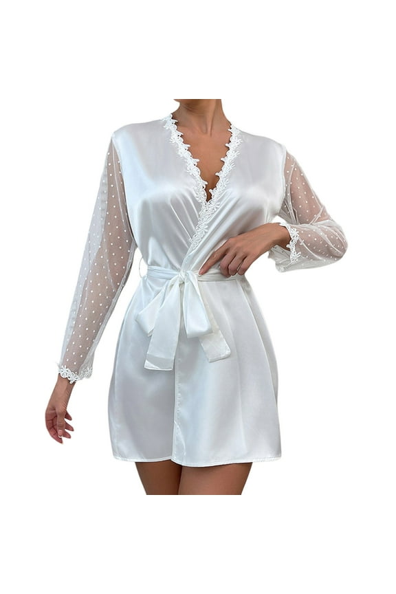 Womens Satin Silk Short Robes Lace Long Sleeve V Neck Mini Nightgown Soft See Throungh Sleeve Pajamas with Belt Ladies Dots Printed Loungewear Sleepwear White L
