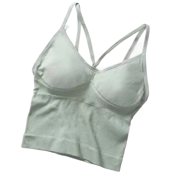 Wang6 Womens Seamless Camisole with Built in Bra Trendy Ribbed Spaghetti Strap Tank Tops Soft Stretchy Basic V Neck Cami Shirts Summer Tops Green One Size