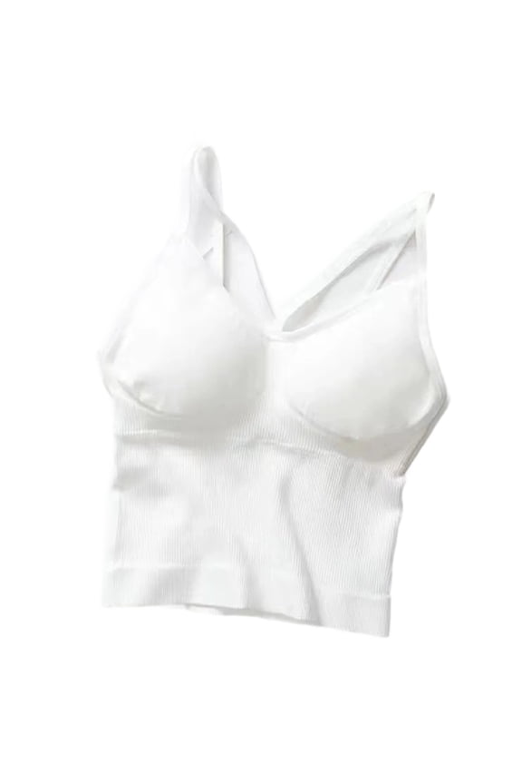 Womens Seamless Camisole with Built in Bra Trendy Ribbed Spaghetti Strap Tank Tops Soft Stretchy Basic V Neck Cami Shirts Summer Tops White One Size