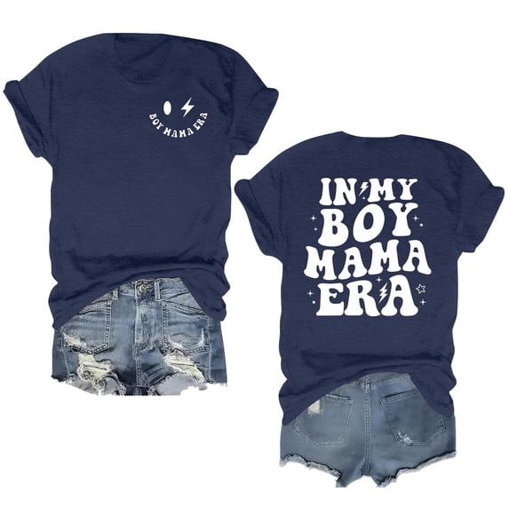 Wang6 Womens Short Sleeve Graphic Summer Tops Plus Size Loose Fit Crew Neck Going out Tshirts Shirts in My Boy Mama Era Letter Printed Tees T-Shirts Navy XL
