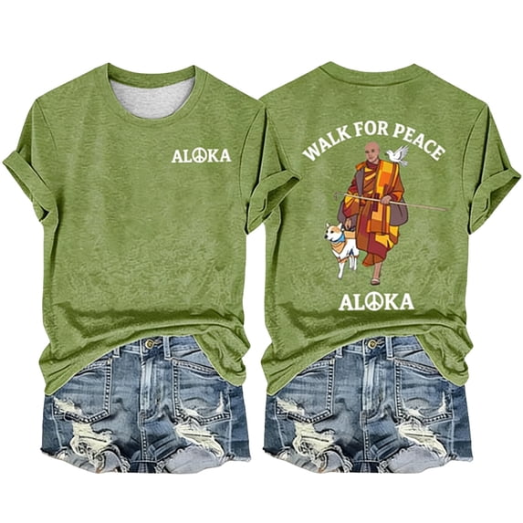 Wang6 Womens Short Sleeve Plus Size Aloka Tshirts Casual Crew Neck Walking for Peace Letter Printed Summer Tops Loose Fit Graphic Tees Green XXXL