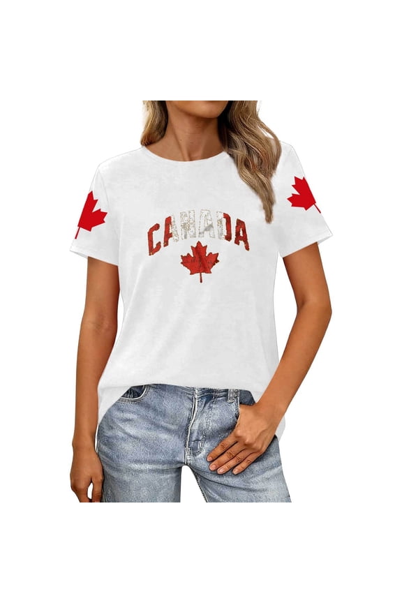 Womens Short Sleeve Plus Size Tshirts Casual Canada Printed Graphic Tees Shirts Summer Crew Neck Loose Fit Tops White XL