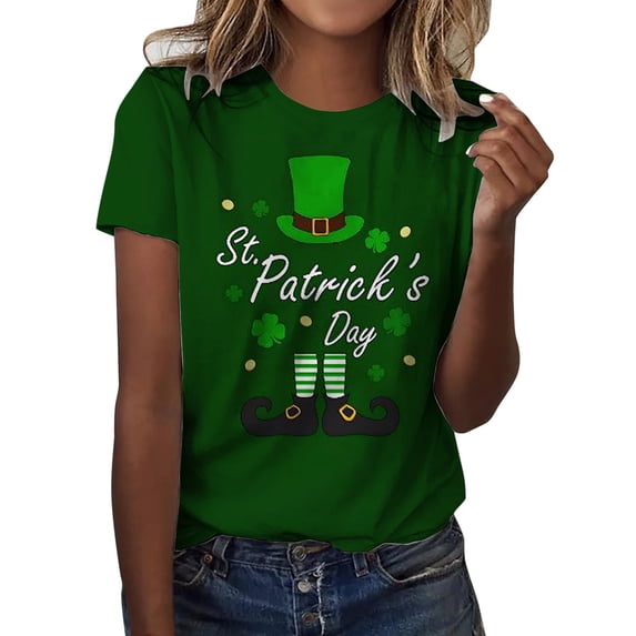 Wang6 Womens Short Sleeve St Patricks Day T-Shirt Plus Size Summer Irish Shamrock Printed Tops Causal Crew Neck Loose Saint Graphic Tees Shirts Black S