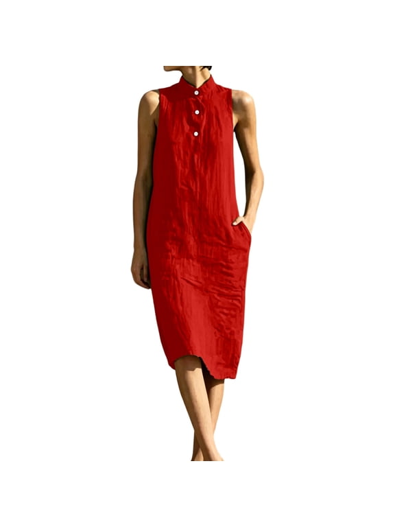 Womens Sleeveless Midi Dress with Pockets Summer Button up Knee Length Sundress Casual Loose Fit Beach Dress Turtleneck Tank Dress 0608liRD2 XL