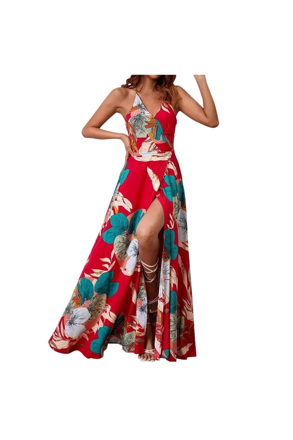 Womens Spaghetti Strap Boho Maxi Dresses Summer Floral Print Deep V Neck Long Dress Elegant Sleeveless Backless Beach Split Sundress Red XXL
