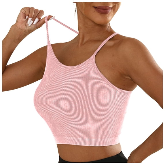 Wang6 Womens Spaghetti Strap Cropped Camisole Ribbed Racerback Cami Tank Tops Wireless Seamless Workout Gym Yoga Longline Bras Pink S