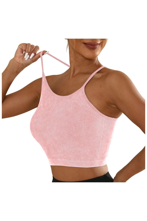 Womens Spaghetti Strap Cropped Camisole Ribbed Racerback Cami Tank Tops Wireless Seamless Workout Gym Yoga Longline Bras Pink S