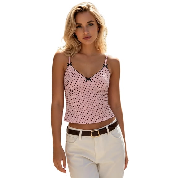 Wang6 Womens Spaghetti Strap Cropped Camisole Trendy Polka Dots Deep V Neck Tank Tops Summer Sleeveless Cami Undershirts Going out Tops 0511liPink L