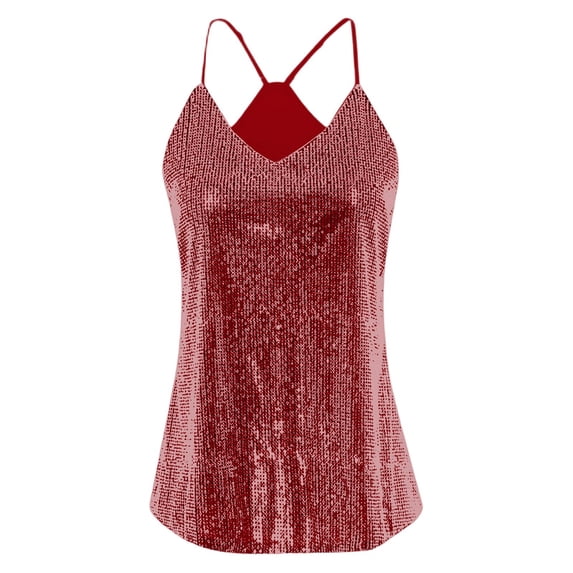 Wang6 Womens Spaghetti Strap Sequin Camisole Trendy Sparkles Deep V Neck Cami Undershirts Sleeveless Racerback Tunic Tops Tees XL