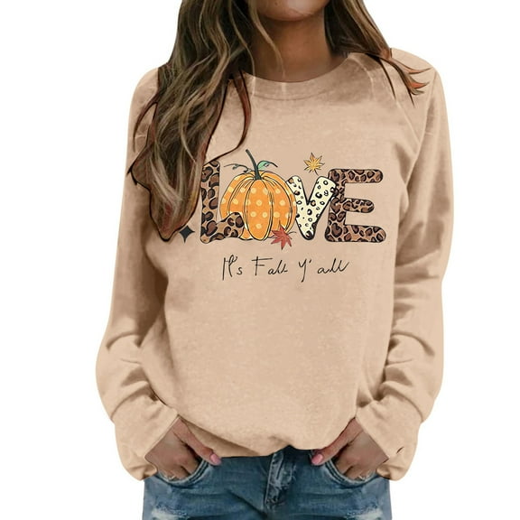 Wang6 Womens Thanksgiving Graphic Sweatshirts Trendy"Love"Letter Printed Long Sleeve Crew Neck Pullovers Comfy Fall Loose Fit Solid Tshirts Tops Khaki XL