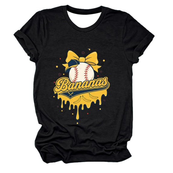 Wang6 Womens Trendy Plus Size Graphic T Shirts Summer Short Sleeve Loose Tops Causal Baseball Bananas Printed Crew Neck Tees 0624liBlack XXL