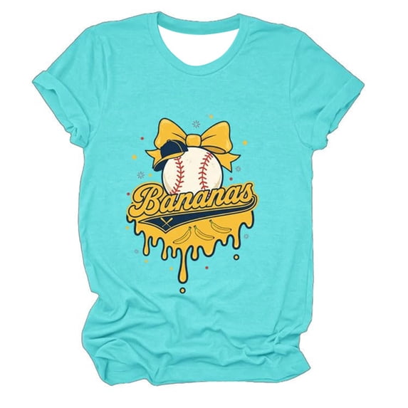 Wang6 Womens Trendy Plus Size Graphic T Shirts Summer Short Sleeve Loose Tops Causal Baseball Bananas Printed Crew Neck Tees 0624liLight Blue XXL