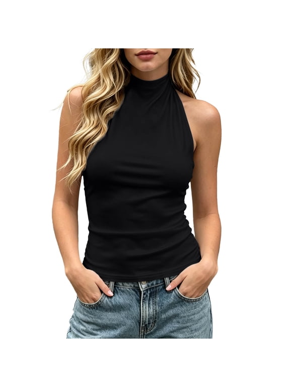 Womens Turtleneck Tank Tops Summer Sleeveless Camisole Tops Causal Backless Pleaded Solid Slim Tee Shirts 0615liBlack M